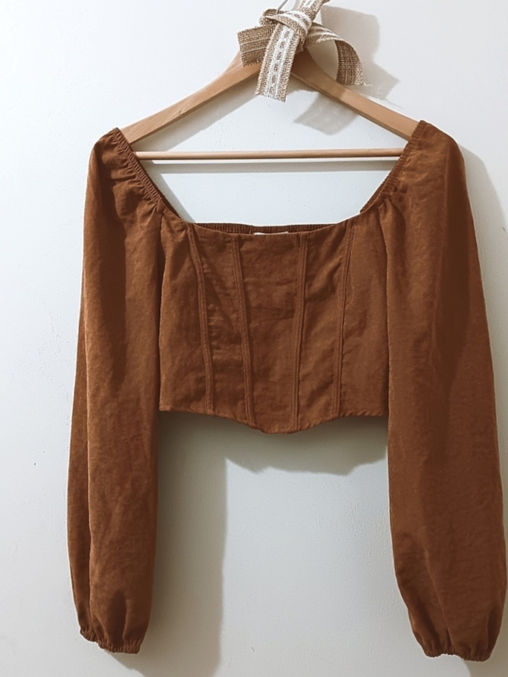 Kirious Soft Brown Puff Balloon Sleeve Square Neck Stitched Corset Crop Top